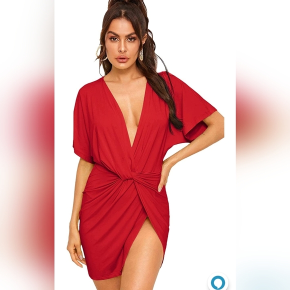 Red Plunging V-Neck Twisted Mini Party Dress with High Slit - Medium - Picture 5 of 7
